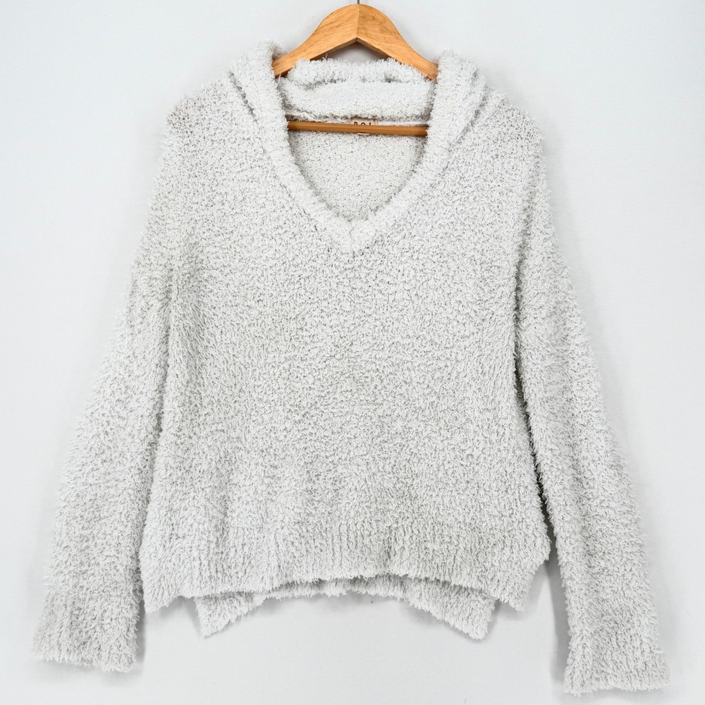 POL Popcorn Knit Hoodie Women Medium White Eyelash Fuzzy Cozycore Boho Pullover